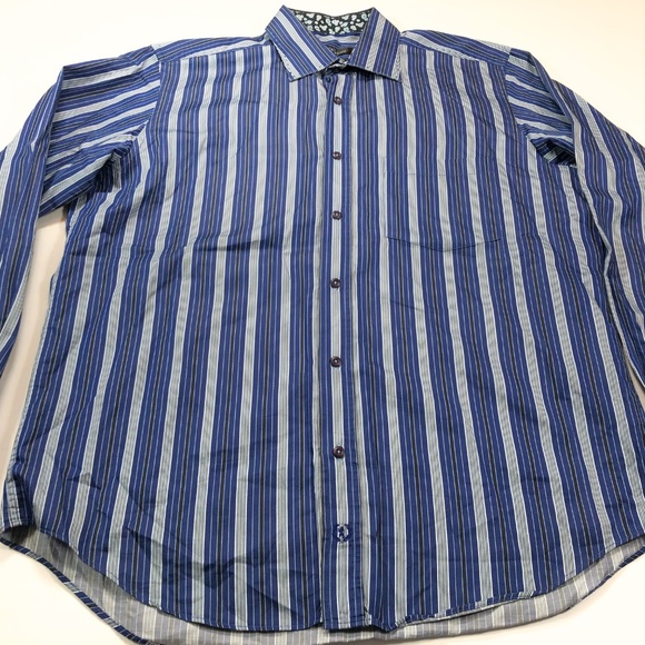Bugatchi Uomo L Floral Flip Cuff Blue Stripe Shirt - Picture 2 of 4